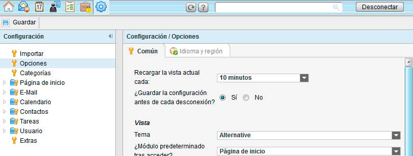 Barra de herramientas con acceso a la configuración