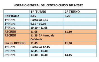 Horarios del centro curso 2021-2022