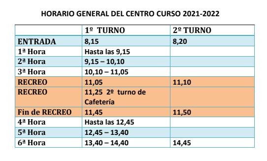 Horarios del centro curso 2021-2022